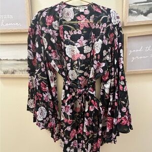 Billabong Black Floral Tie-Waist Coverup with Pink and White Blooms